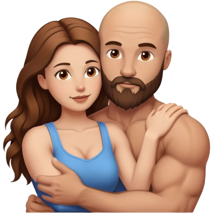 intimate moment between lovers muscular bald man brown beard, beautiful long hair woman emoji