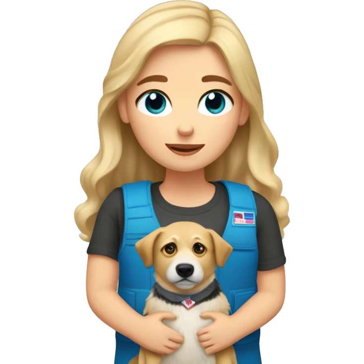 Girl with blonde hair and blue eyes holding a austalian shepherd dog stuffed animal that has a vest on that says emotional support  emoji