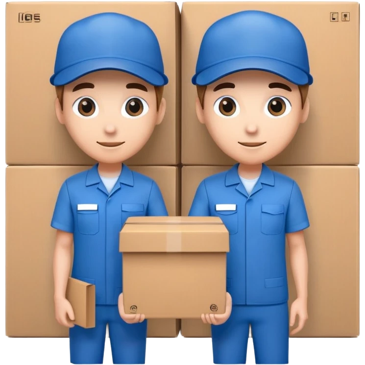 two suppliers standing together holding a big box, both wearing blue caps and blue work uniforms emoji