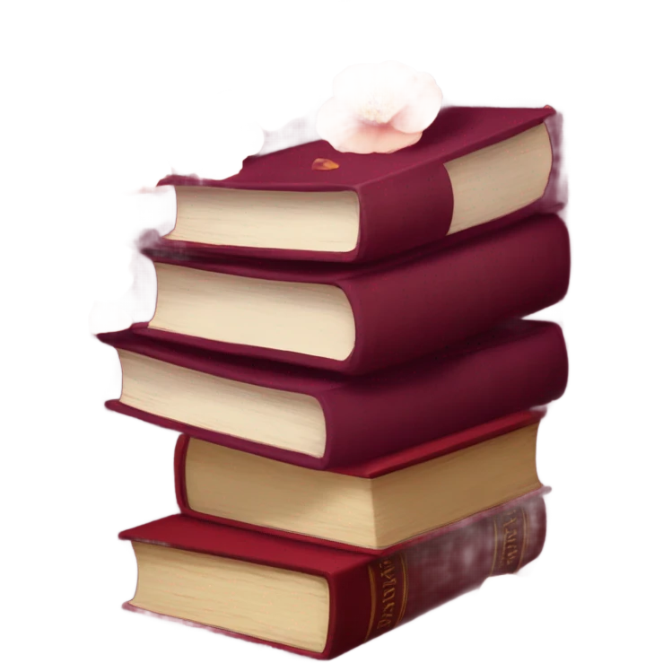 A burgundy book pile with deep red camellias and dried flower petals emoji