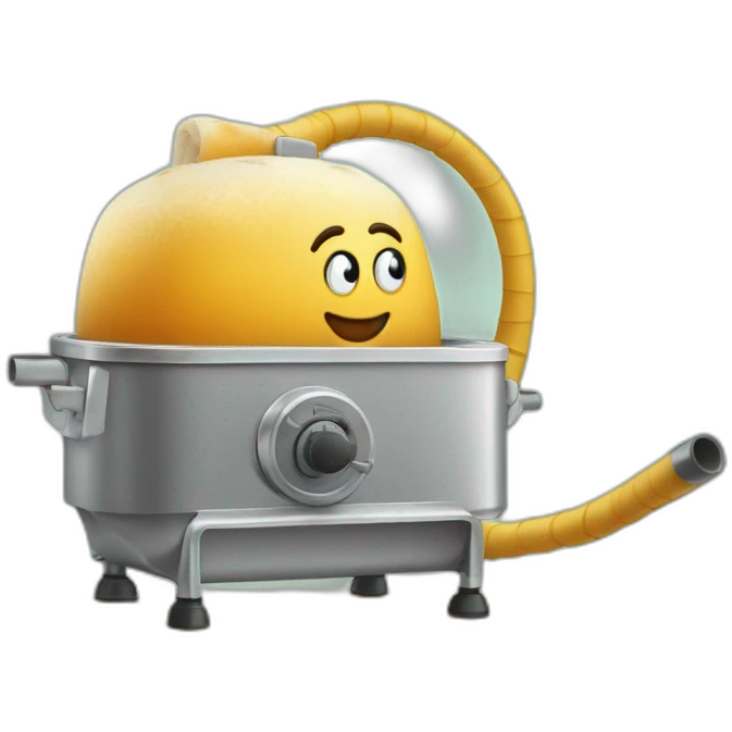 Un aspirateur en forme de pelle tenant un rouleau à pâtisserie emoji