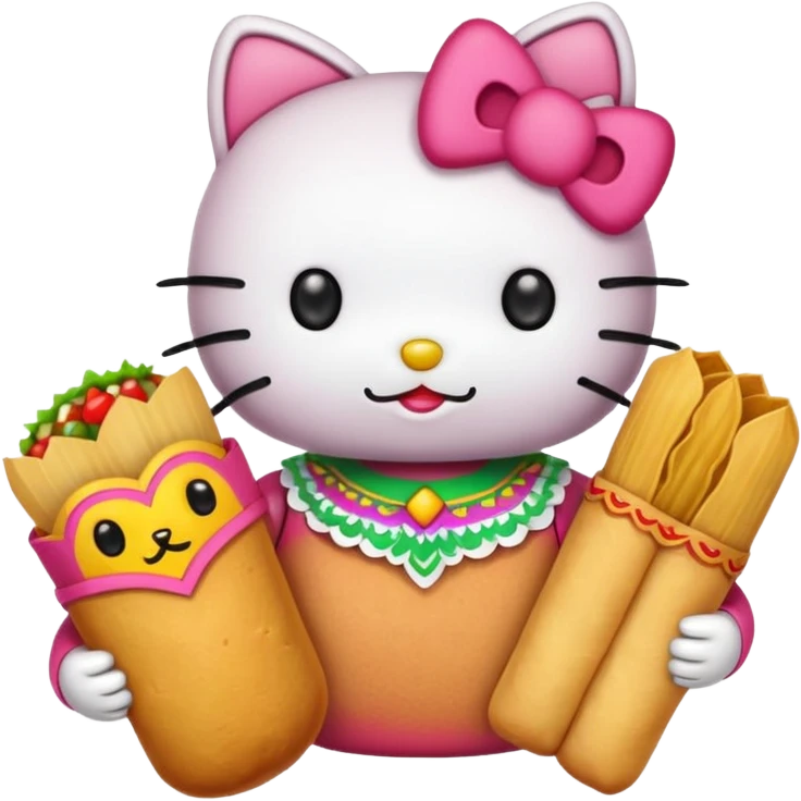 Hello kitty with tamales ￼￼and a Mexican bread ￼ emoji