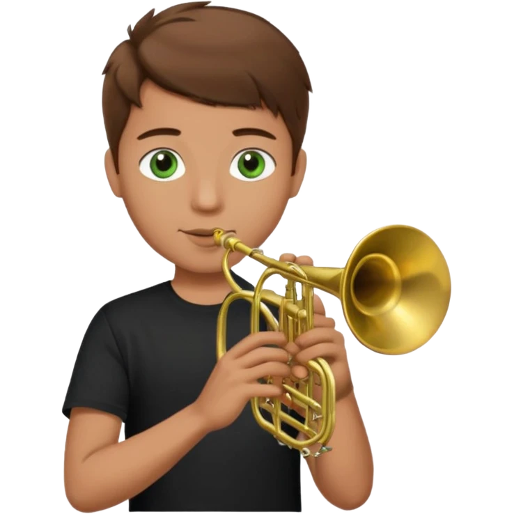 young man with brown hair that goes up, green eyes who plays a trumpet, black t shirt emoji