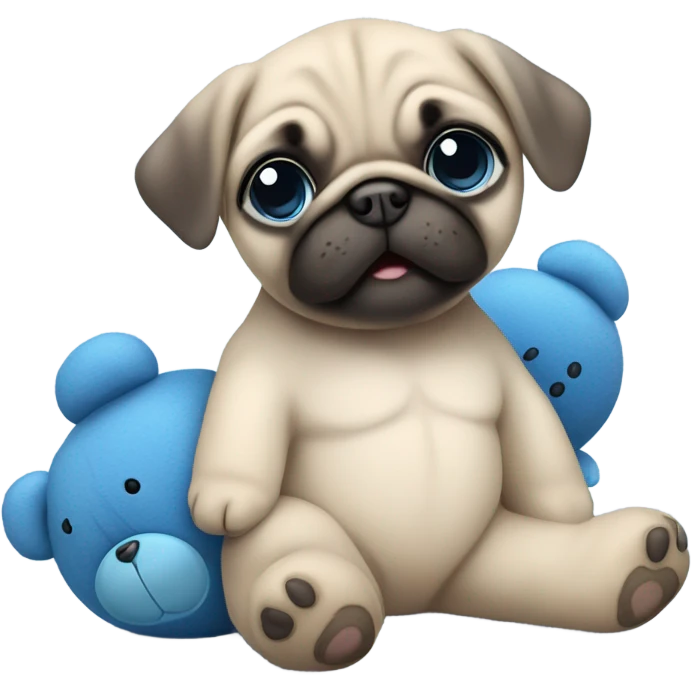Baby pug with big blue eyes hugging a blue teddy bear  emoji