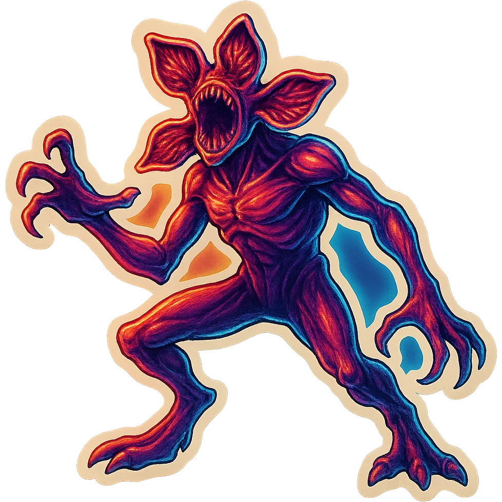 Demogorgon in a dramatic pose with glowing neon outlines, 80s retro neon style, inspired by Stranger Things series emoji