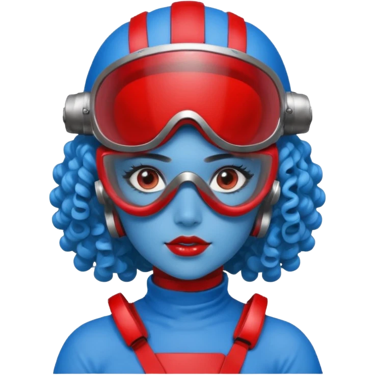 blue curly haired girl with huge earrings, wearing red paintball helmet and eye protection, only face  emoji