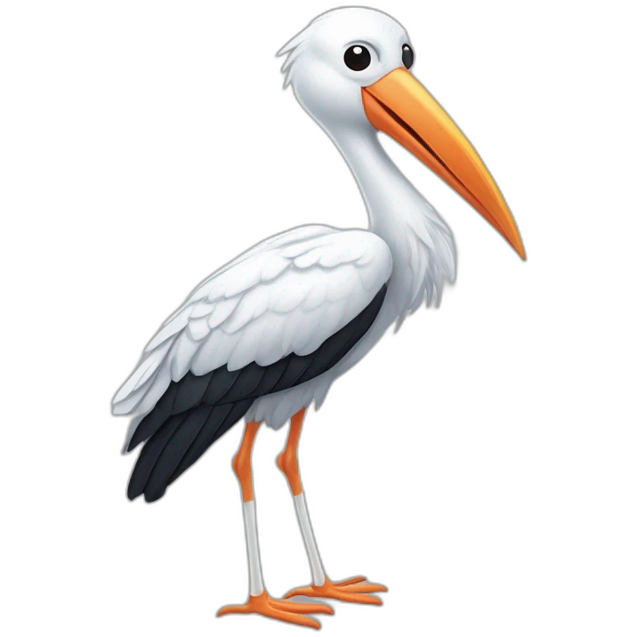  white stork with long legs and a long beak flying in the sky. The stork is carrying a blue bundle of cloth in its beak that has a cute white baby face peeking out from it with black head emoji