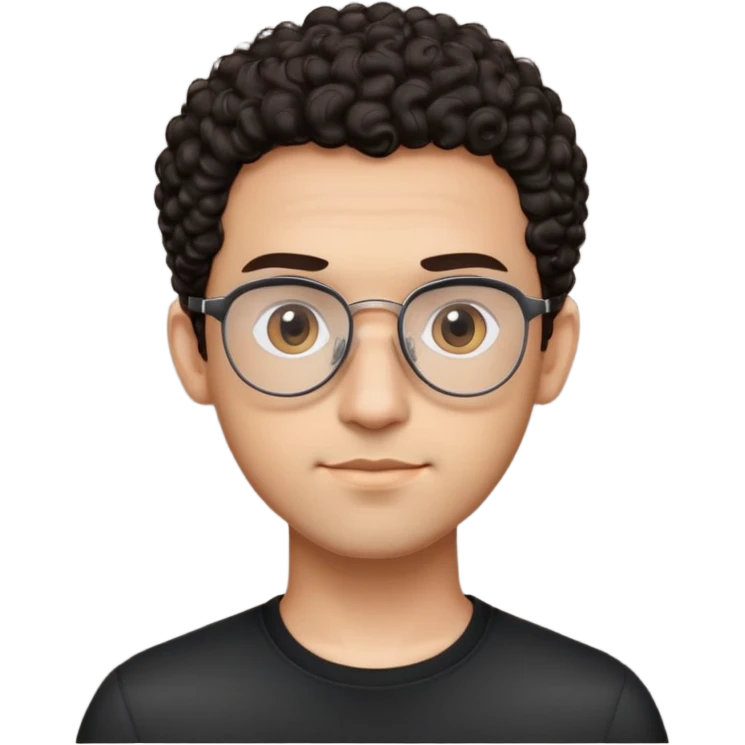 Man with small oval face and big forehead, aviator-style glasses, very short dark curly hair with skin fade (no hair on sides), neutral-friendly expression, light brown skin, wearing a black shirt emoji