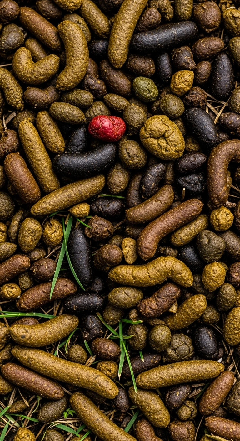 FECI DI ANIMALE VISTE DALL'ALTO DI FORMA, DIMENSIONE E COLORI DIFFERENTI, IPERREALISTICA 4K emoji
