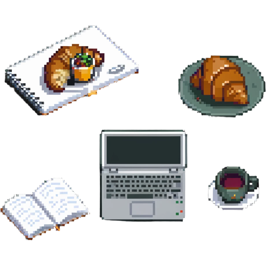 coffee shop accessories: laptop, notebook, and a croissant emoji