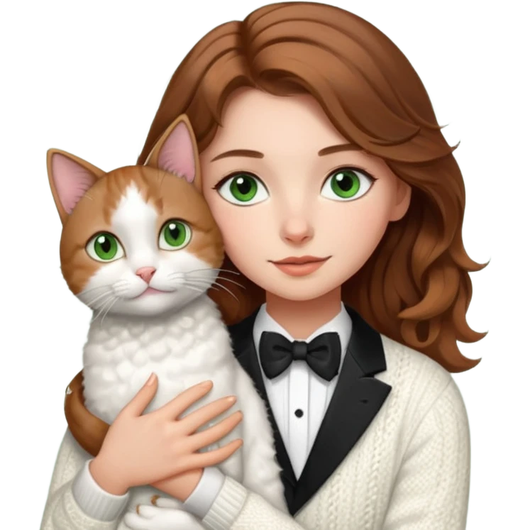A pretty white girl with hazel brown eyes and brown wavy hair in a cosy white knit sweater, hugging a black and whitebtuxedo cat with green eyes emoji