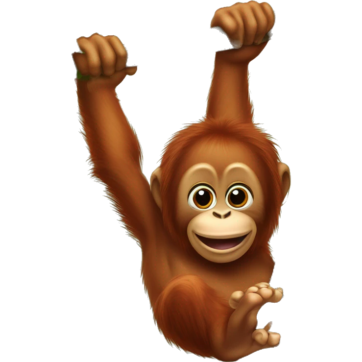 Baby orangutan hanging from a vertical tree branch right hand over his mouth left hand overhead feet gripping the tree trunk emoji