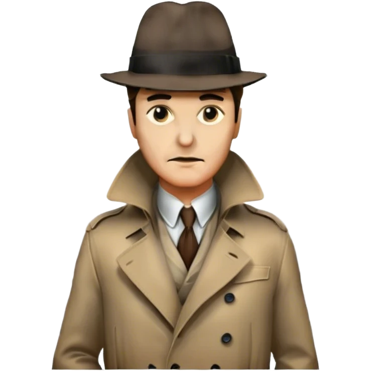 Icon for Detective Movie: A vintage movie poster-style design featuring a mysterious detective, shadowy alleys and a foggy cityscape. Include classic noir elements like a fedora, trench coat, and a dimly lit street. Bold typography and retro cinematic style. Transparent background. emoji