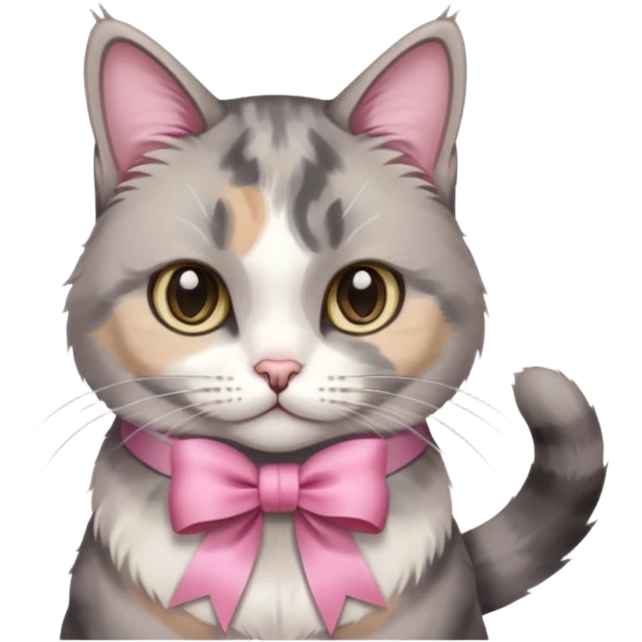 Sitting Dilute grey calico cat with pink ribbon emoji