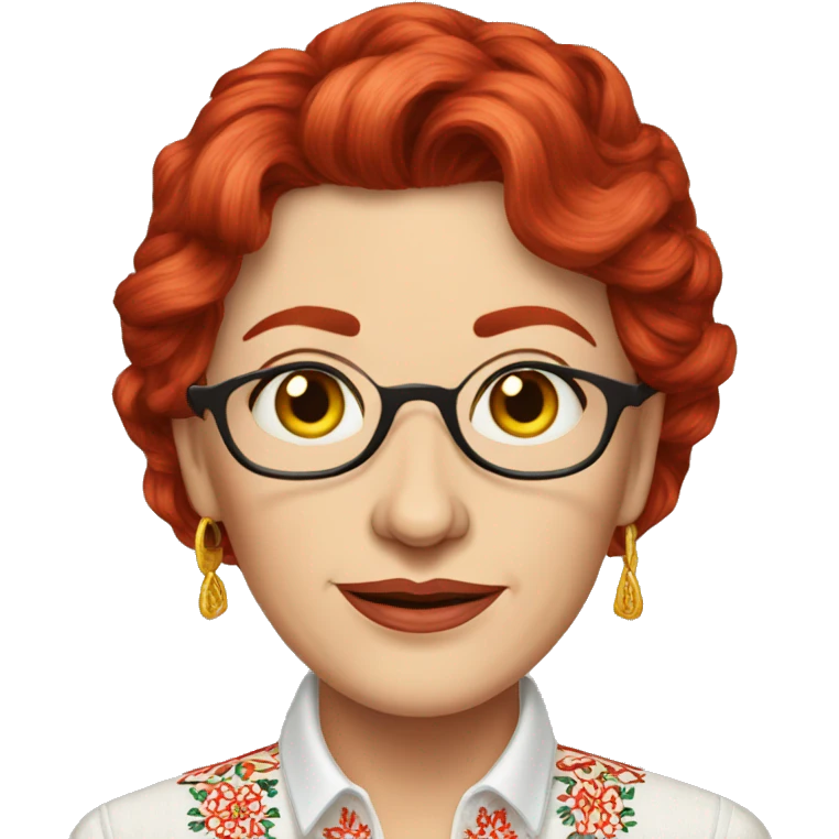 A middle-aged Ukrainian woman writer in an embroidered shirt with red hair
 emoji