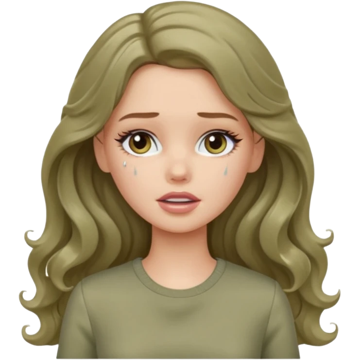 A white Barbie girl with long dark brown wavy hair in pale olive clothes crying emoji