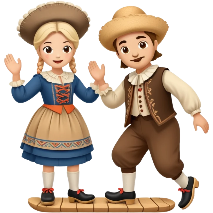 cinematic-realistic-scene-of-two-performers-executing-the-klompendans,-dressed-in-traditional-dutch-costumes-complete-with-wooden-clogs-and-detailed-folk-patterns,-captured-in-lively-motion-with-soft,-natural-lighting emoji