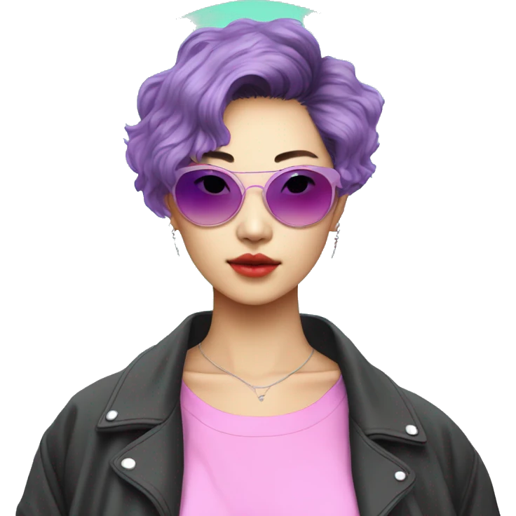 a short-haired Taiwanese lesbian as a designer with vaporwave style, without makeup, with earings, sunglasses with vaporwave image on it. emoji
