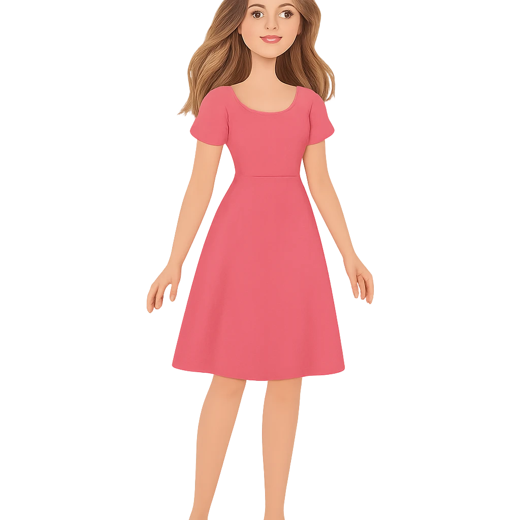 pretty girl with bronde hair wearing a pink dress, full body, friendly expression, clean background, modern illustration style emoji