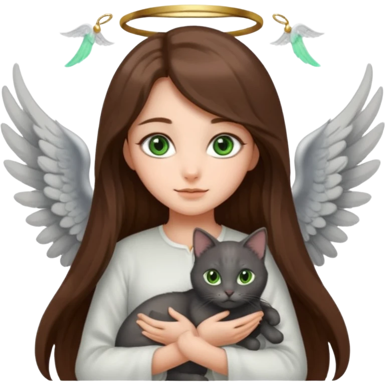 Girl with long brown hair holding a dark gray cat with green eyes and a pair of angel wings emoji