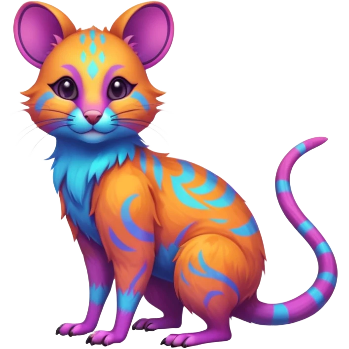 Neon-colored fantasy feline-rodent-marsupial-critter-vernid-fursona animal creature full body with intricate markings  emoji