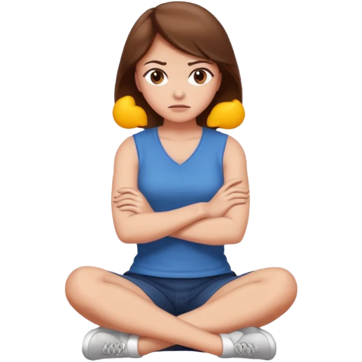 annoyed woman with brown hair sitting on the floor in profile, arms crossed, avoiding eye contact, emoji style emoji