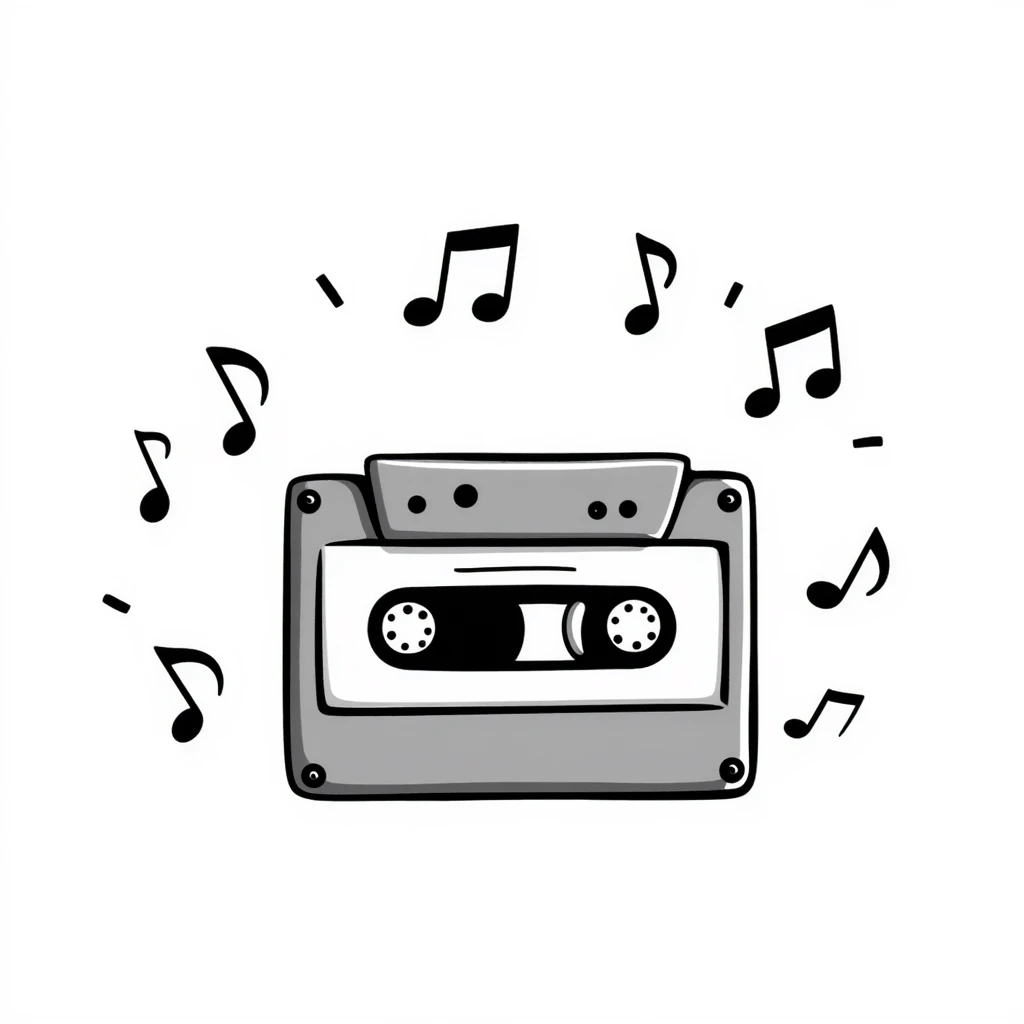 A hand-drawn cassette tape with music notes floating around it emoji