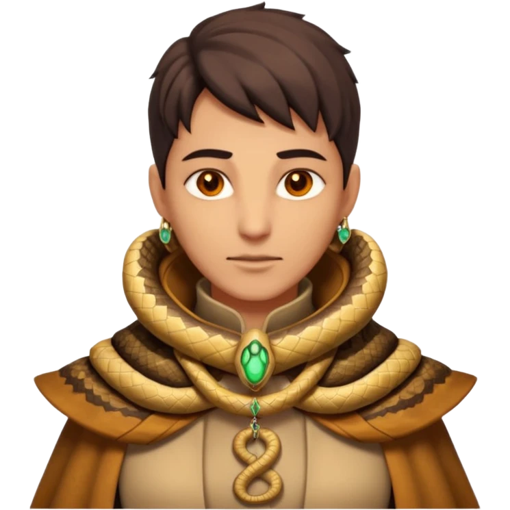desert sand mage portrait, head and shoulders only, serpent-patterned cloak collar, snake charm necklace, sand vortex around shoulders, glowing amber eyes, 3D cartoon, mobile game icon style, clean background, no text, no watermark
 emoji