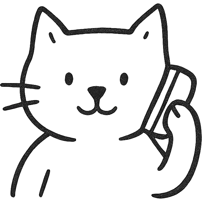 cat using a phone, hand drawn black outline style emoji