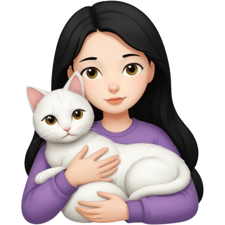 black-hair-girl snuggle with white cat emoji