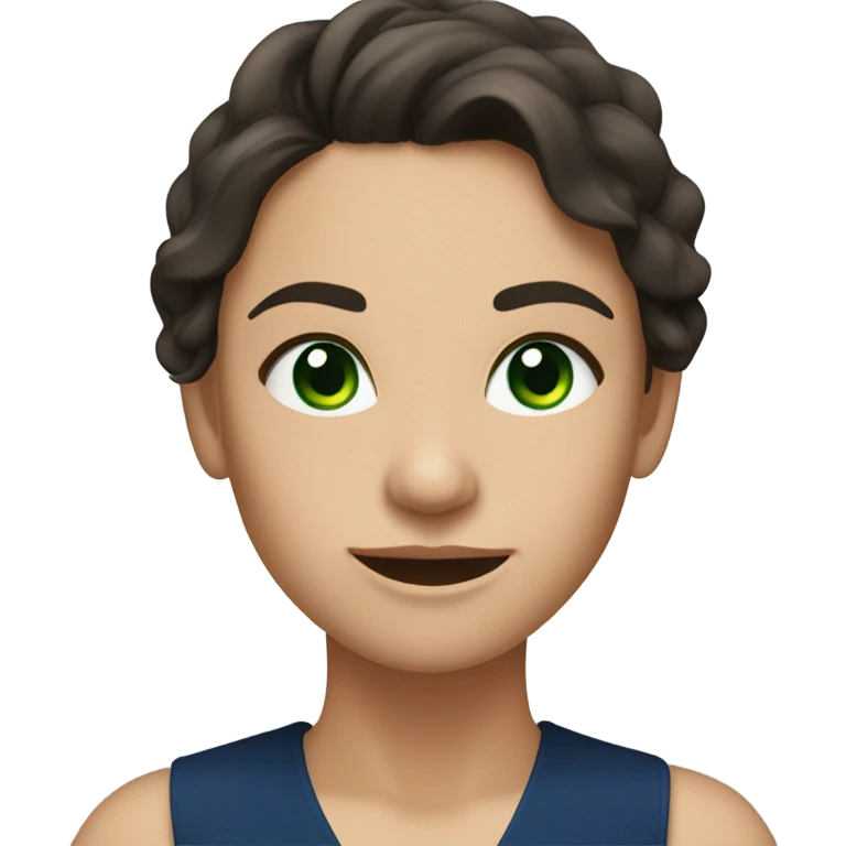 a brunette with long hair and green eyes in a dark blue dress winks emoji