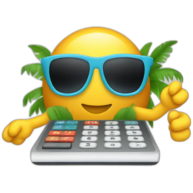 a calculator with legs and arms wearing a hawaiian shirt and sunglasses emoji