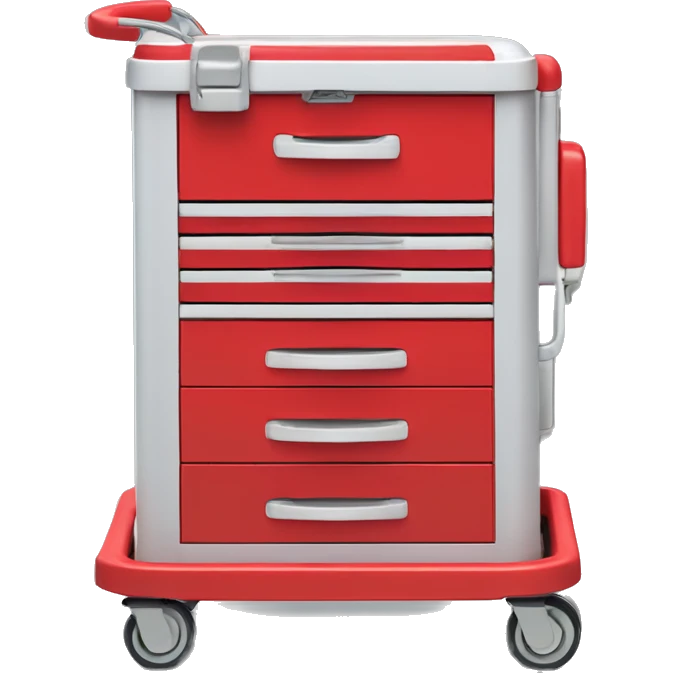 Singular Red medical crash cart is a mobile, multi-drawer unit designed to store and organize emergency medical supplies and equipment and a cardiac defibrillator on top emoji