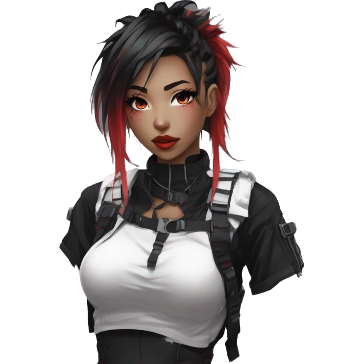 Gorgeous techwear anime style lady with blushing face aesthetic and pretty edgy black red white punk messy hair with collar and harness trending style emoji
