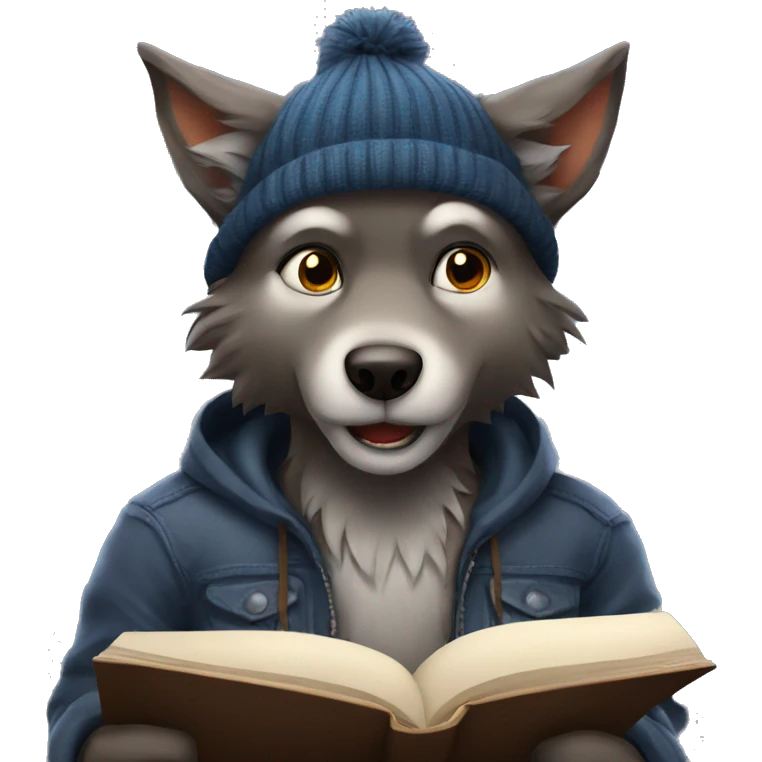 cute werewolf with a beanie reading a book  emoji