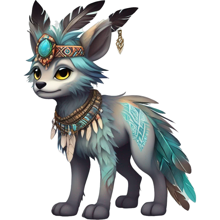 cute cool edgy ethereal l epic tribal fantasy animal fursona Fionbri creature by griffsnuff & LiLaiRa & Falvie with exotic colors with intricate patterns and feathers and headdress and necklace full body emoji
