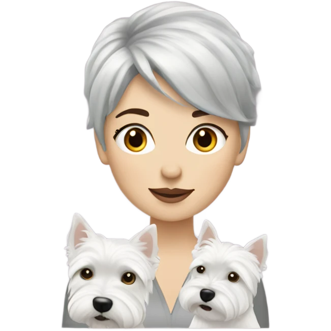 Gray short hair lady fair skin with 3 westies with bed hair emoji