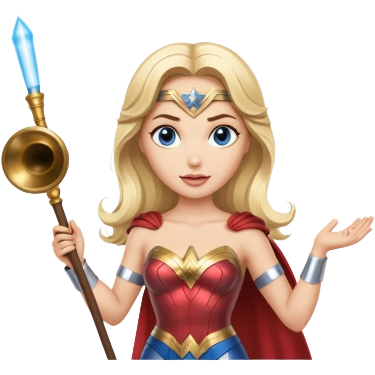 Blonde blue eyed Wonder Woman holding white orchestra conductor’s baton and bell emoji