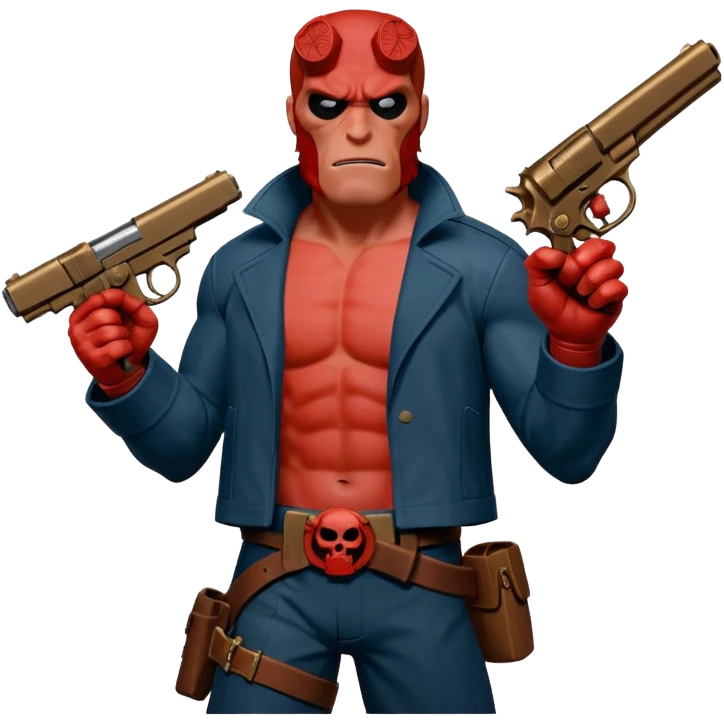 cinematic realistic superhero Hellboy by Mike Mignola jumps with a bronze pistol emoji