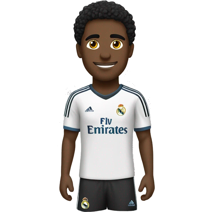 Jugador de fútbol negro con camiseta del Real Madrid, pelo negro y rizado. emoji