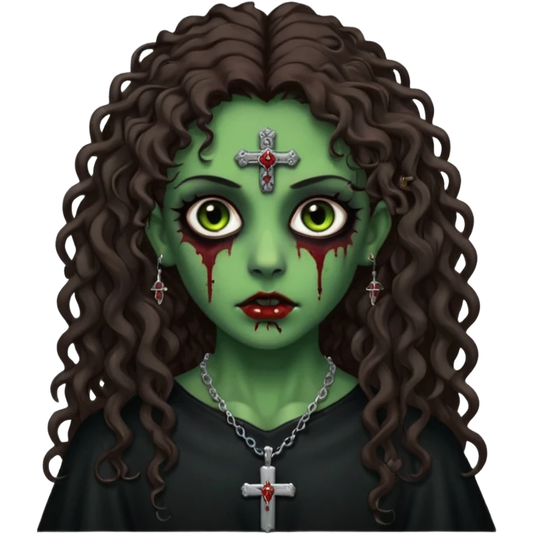 Zumbi verde com olhos castanhos aspecto de que tá sangrando, com cabelo marrom cacheado longo um piercing do lado esquerdo do nariz, roupa preta e crucifixo como colar, e também delineador  emoji