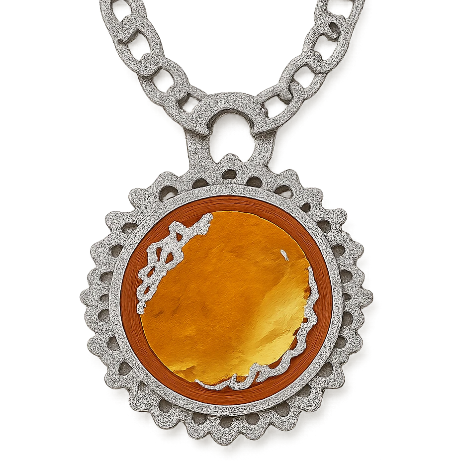 Add a silver chain or ornate setting to the round cut holographic amber charm, keeping the extreme close-up and original style emoji