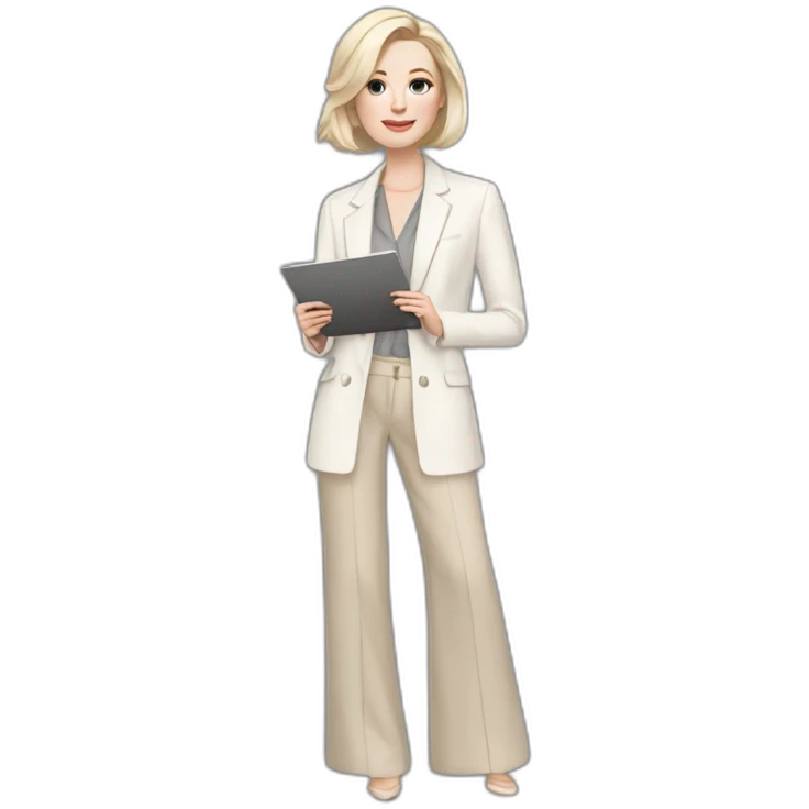 pale skin woman with ash blonde Straightened bob Hair, White Spacious classical jacket, beige palazzo Arrow pants and gray blouse holding a color palette in the hands emoji