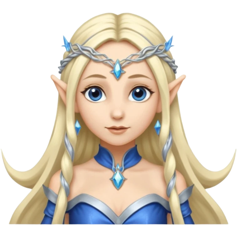 a girl elf with very long blond hair and a twisted headpiece, she's got pointy ears and a blue/silver dress emoji