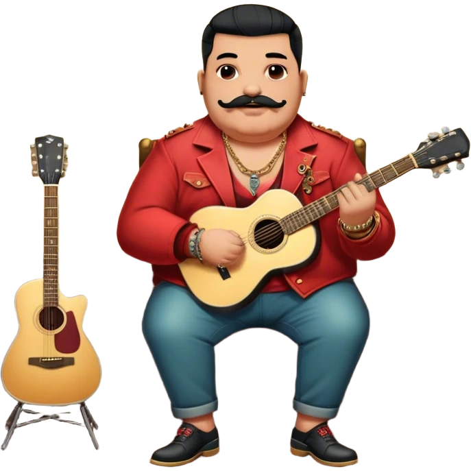 Icon for Chanson: Old fat chanson singer with tattoos and small moustache, red jacket, gold chains and braslettes, sitting on a chair with an acoustic guitar and standing microphone. No earrings. The atmosphere should reflect a nostalgic, soulful vibe with vintage elements. Transparent background. emoji