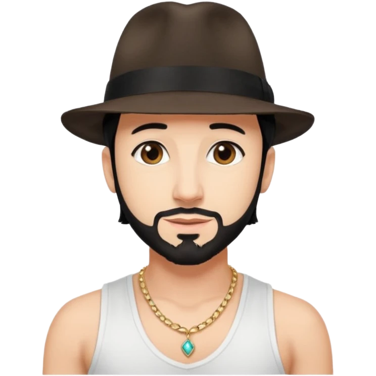 AJ McLean brown eyes, black hair, white tank top and fedora hat with necklace emoji
