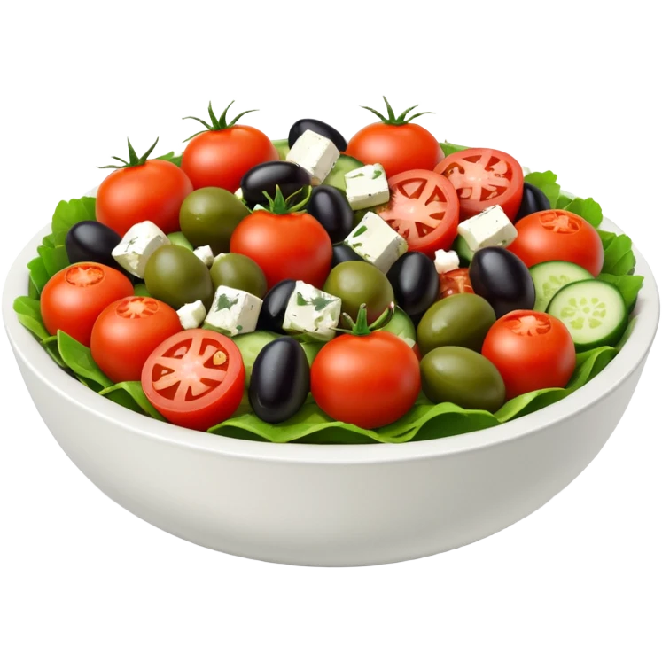 mediterranean salad bowl object icon, tomatoes, cucumbers, olives, feta cheese, olive oil dressing, 3D cartoon, mobile game icon style, clean background, no text, no watermark
 emoji