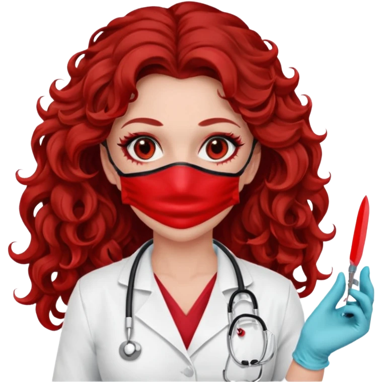 Lilith scalpel in hand, evil surgeon sexy surgeon clothes.  She has red eyes.  Hair is long. Hair is brown and curly hair. Wears sexy doctor outfit with red gloves. Covers mouth and neck mask rec red emoji