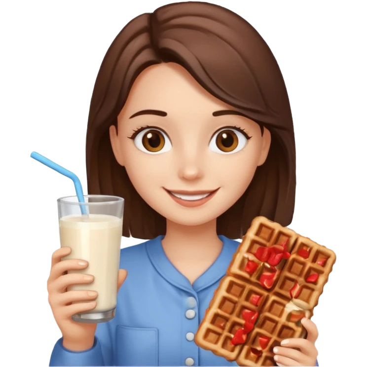 A happy girl with chocolate waffle in hand And 1 milk glass in other hand emoji