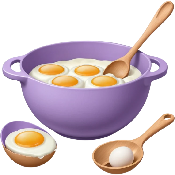 a lilac ceramic mixing bowl with a wooden spoon stirring and sitting next to it is a dozen eggs with the carton lid open emoji
